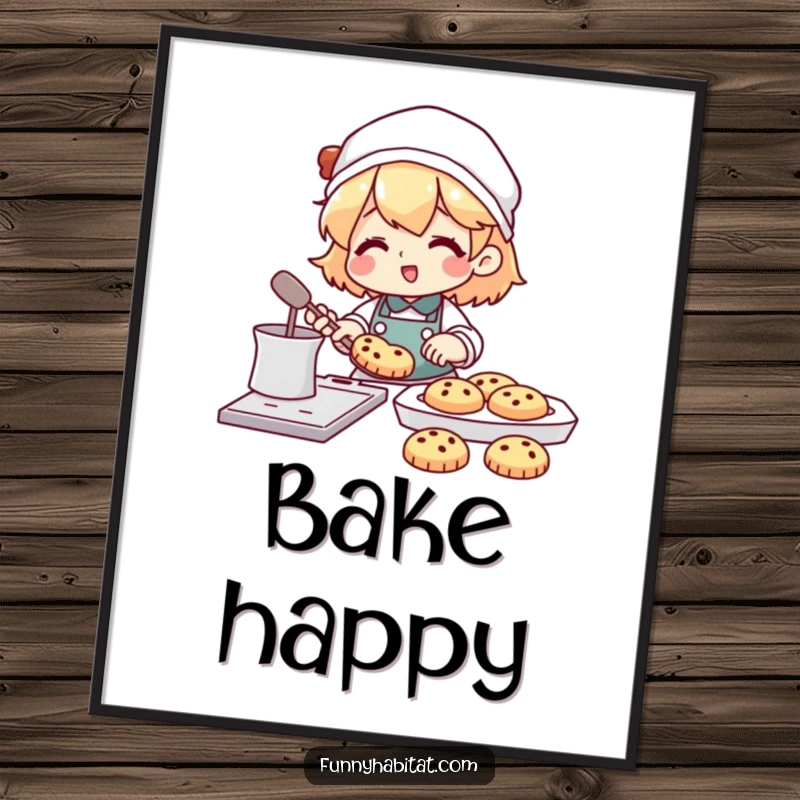 Funny poster art of a character happily baking cookies with a tray full of treats nearby; vibrant and humorous kitchen decor.