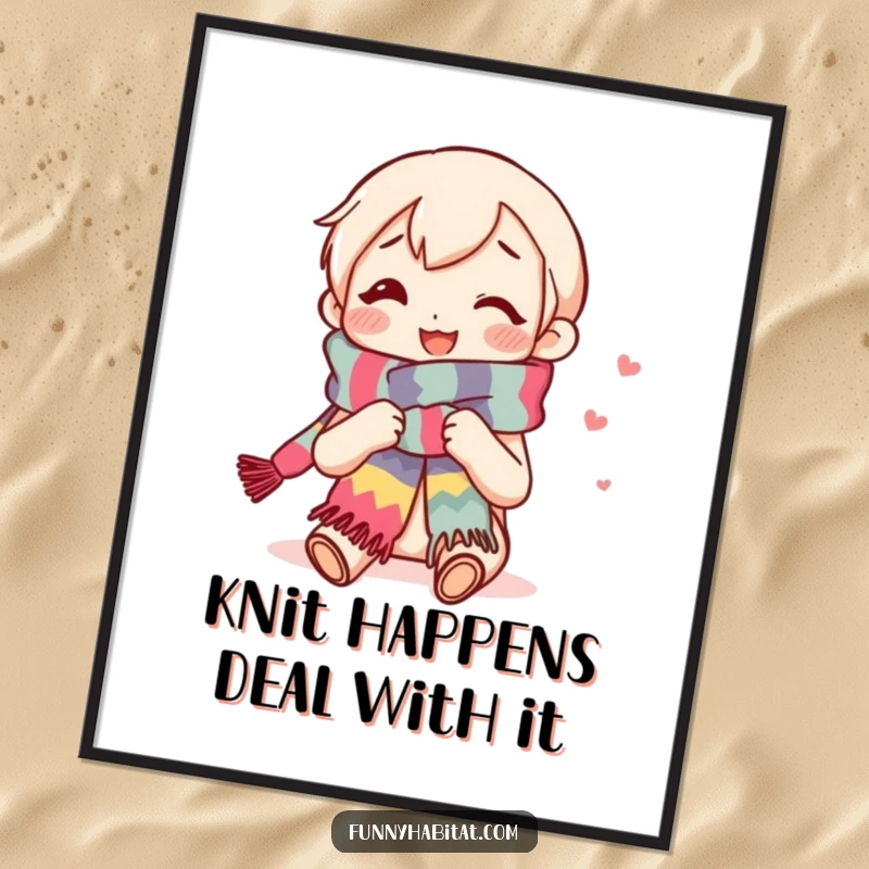 Funny poster art of a content, smiling knitter character crafting a long, vibrant, colorful scarf, adding whimsical charm.