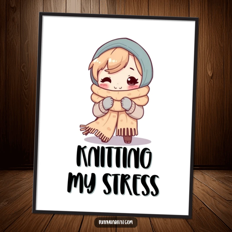 Funny poster of a happy character knitting a very long and cozy scarf, adding a touch of handmade charm to decor.