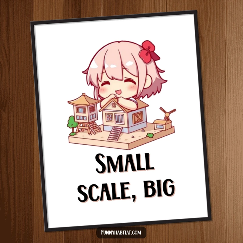 Funny poster of a character happily building a small, intricate model structure, showcasing patience and craftsmanship.