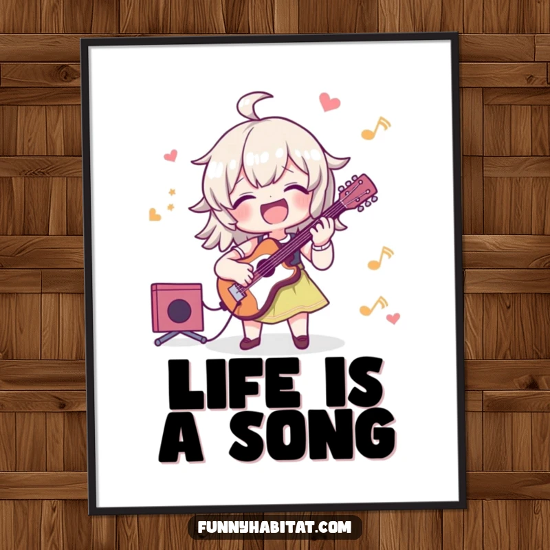 Funny poster of a character joyfully playing a musical instrument, adding a cheerful and humorous touch to any room.