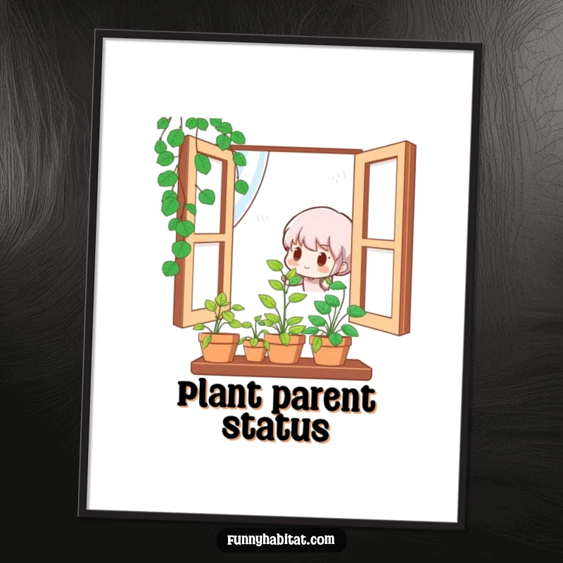 Funny poster featuring a cute character happily watering a small, vibrant potted plant in a window, cheerful wall art.