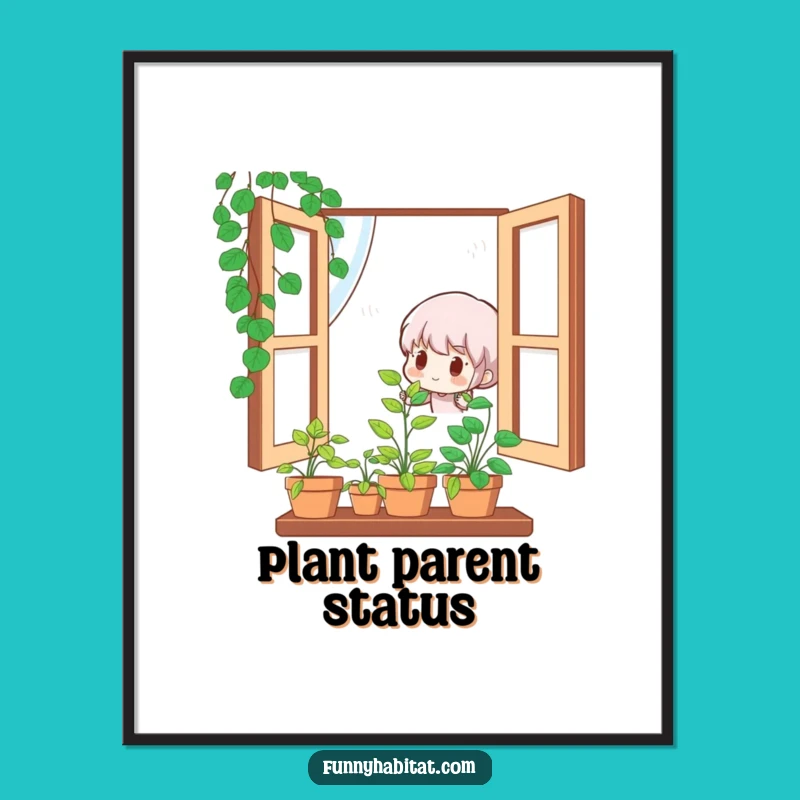 Funny Plant Art Poster: Cute Character Tending Plant, Whimsical Wall Decor Gift