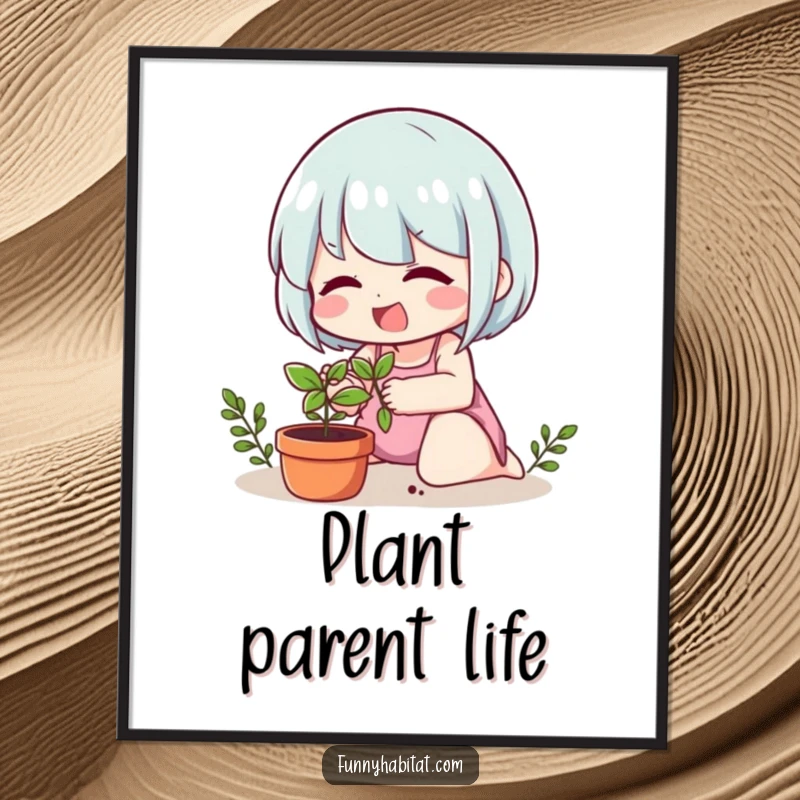 Funny poster art of a cheerful character tenderly caring for a small potted plant, celebrating growth and nature.
