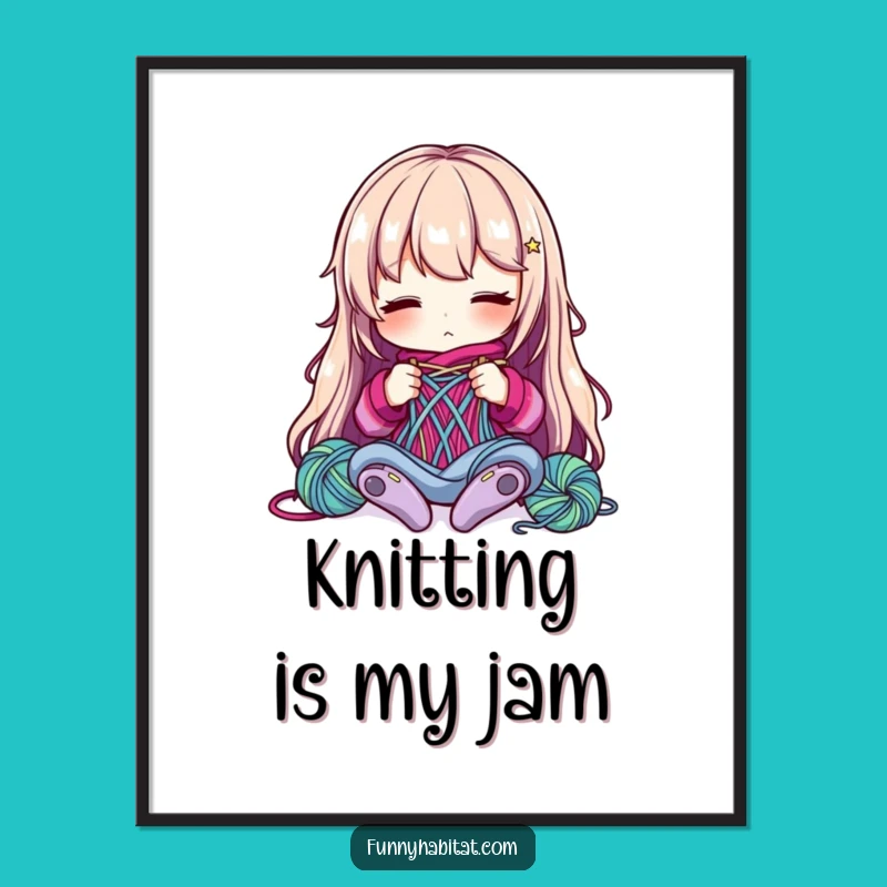 Funny Poster: Focused Knitter Character, Perfect Hobby Art Gift