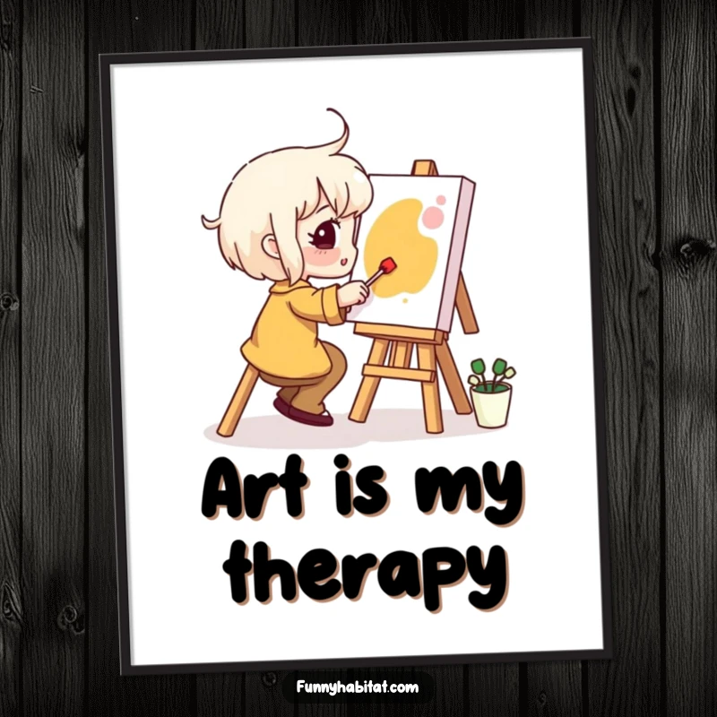 Funny Poster: A character is joyfully painting on a small canvas, a vibrant and humorous piece for art lovers.