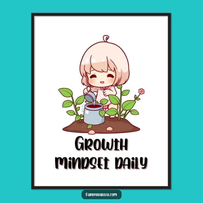 Funny Wall Art Poster: Gardener Character Watering Plant Decor