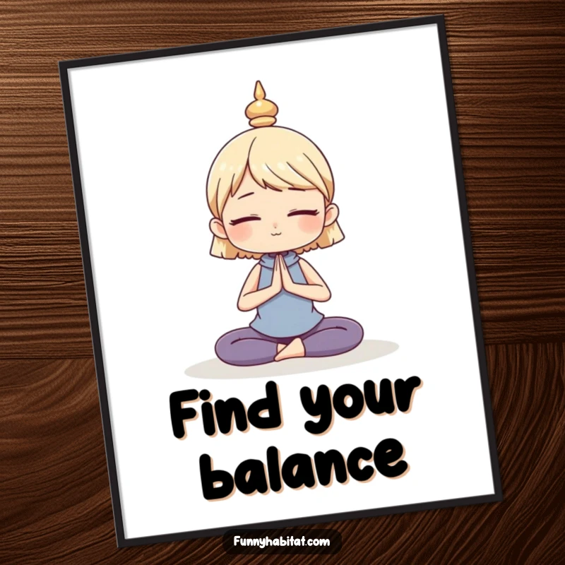 Funny poster art of a character in a calm, serene yoga pose, adding peaceful and humorous wall decor.
