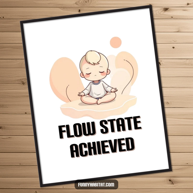 Funny poster showing a character meditating serenely amidst abstract flowing shapes, offering calming and humorous wall decor.