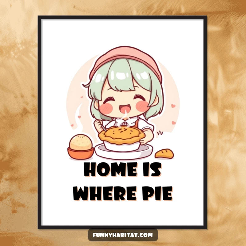 Funny poster art of a joyful character baking a small, steaming pie, adding sweet and humorous kitchen decor.