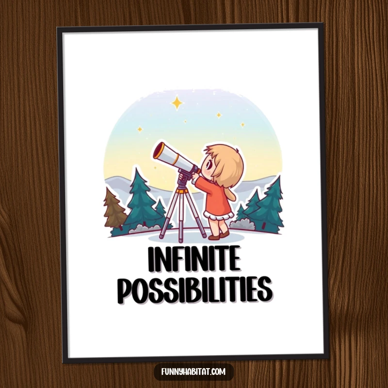 Funny poster of a character looking through a telescope with wonder, celebrating the vastness and beauty of the universe.