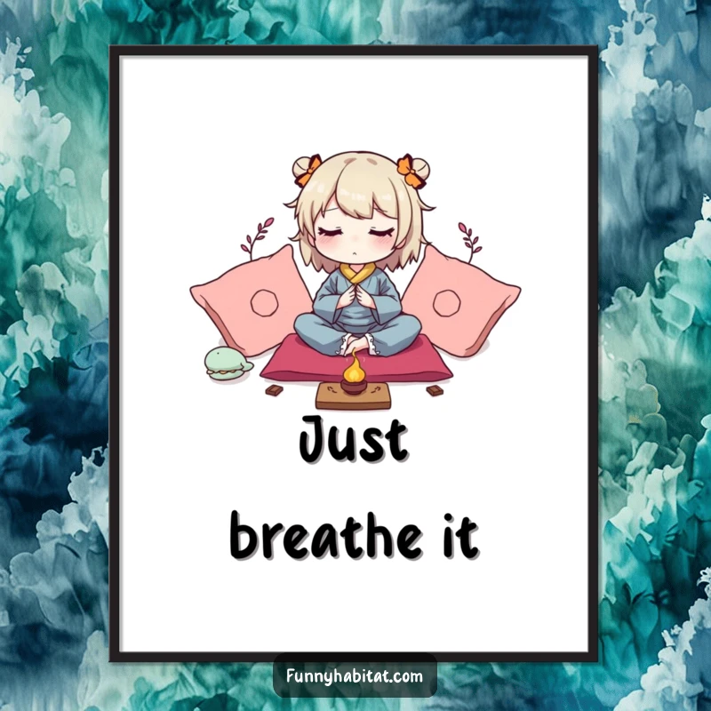 Funny poster featuring a peaceful character meditating amongst soft cushions and gentle incense, promoting calm.