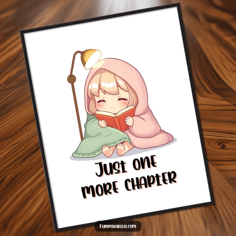 Funny poster featuring a cozy character wrapped in a blanket, reading a book by soft lamplight, evoking peace.