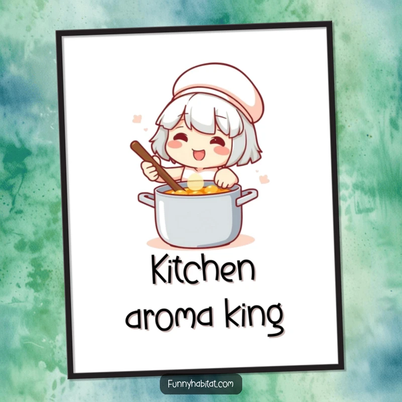 Funny poster art of a chef stirring a pot with a look of pure satisfaction, capturing the essence of great cooking.