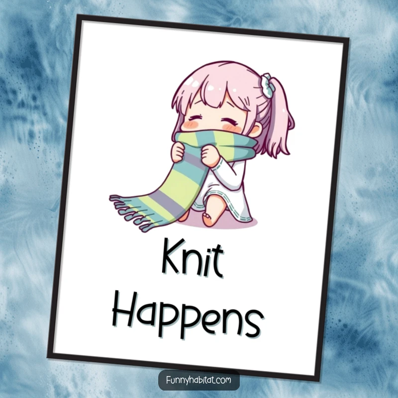 Funny poster art of a character blissfully knitting a long, colorful scarf; a humorous and inspiring craft depiction.