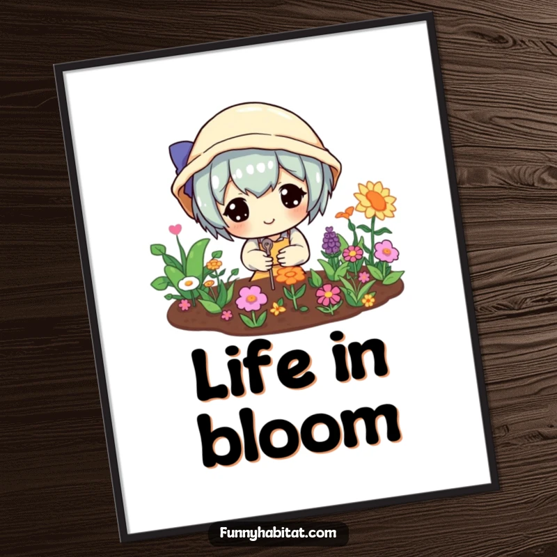 Funny poster art of a happy character tending a miniature, vibrant garden, adding a touch of cheerful, horticultural humor.