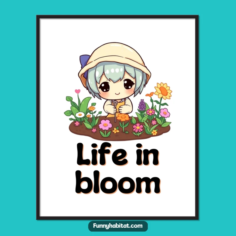 Funny Garden Art Poster: Happy Character Mini Garden Scene, Humorous Decor