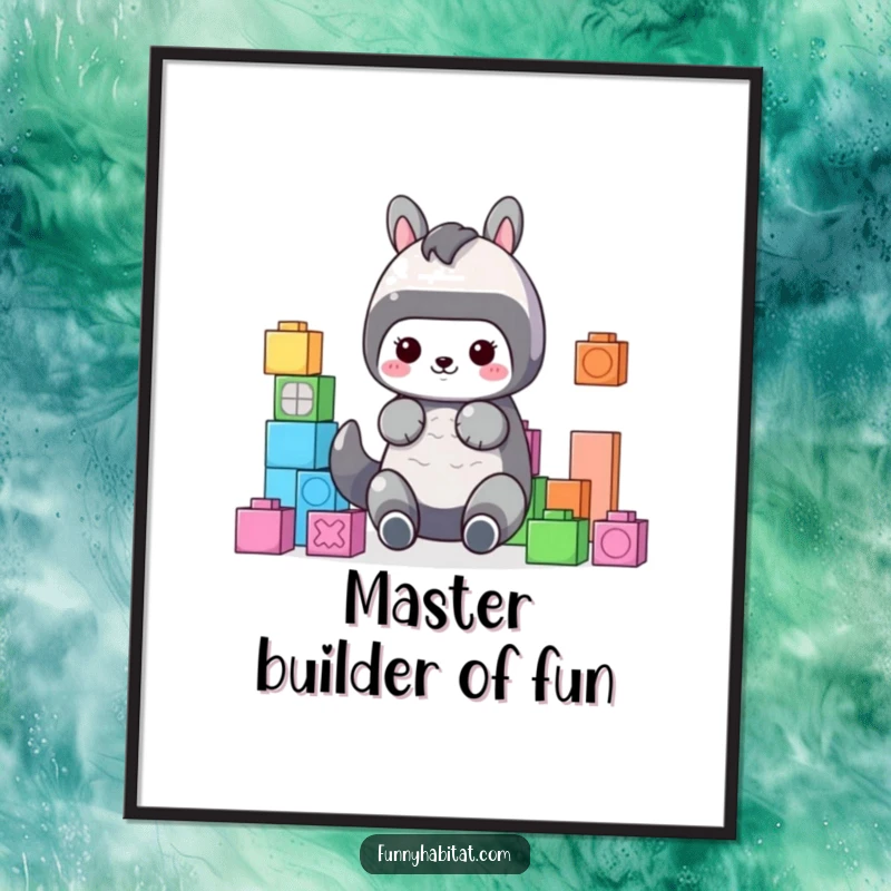 Funny Poster featuring a cute animal character neatly arranging colorful building blocks, evoking a sense of playful organization.