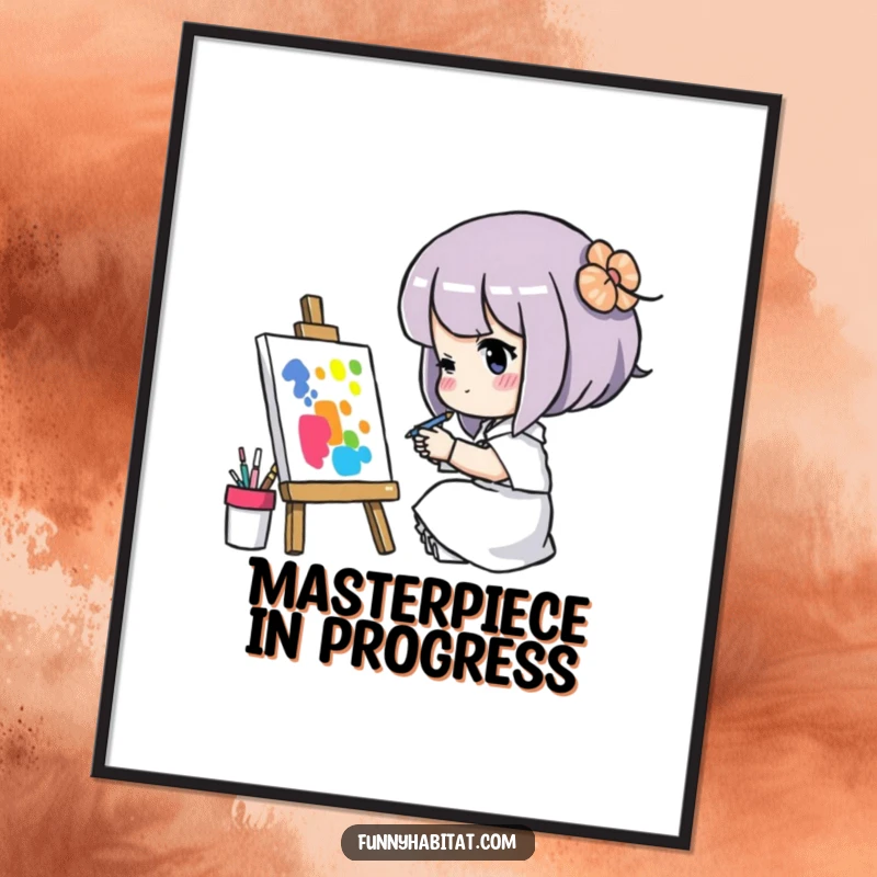 Funny poster art of a character intensely focused on painting a colorful picture, adding inspiring and humorous wall decor.