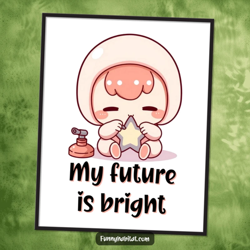 Funny Kawaii Poster, a diligent character meticulously polishes a small star, symbolizing focus and humor.