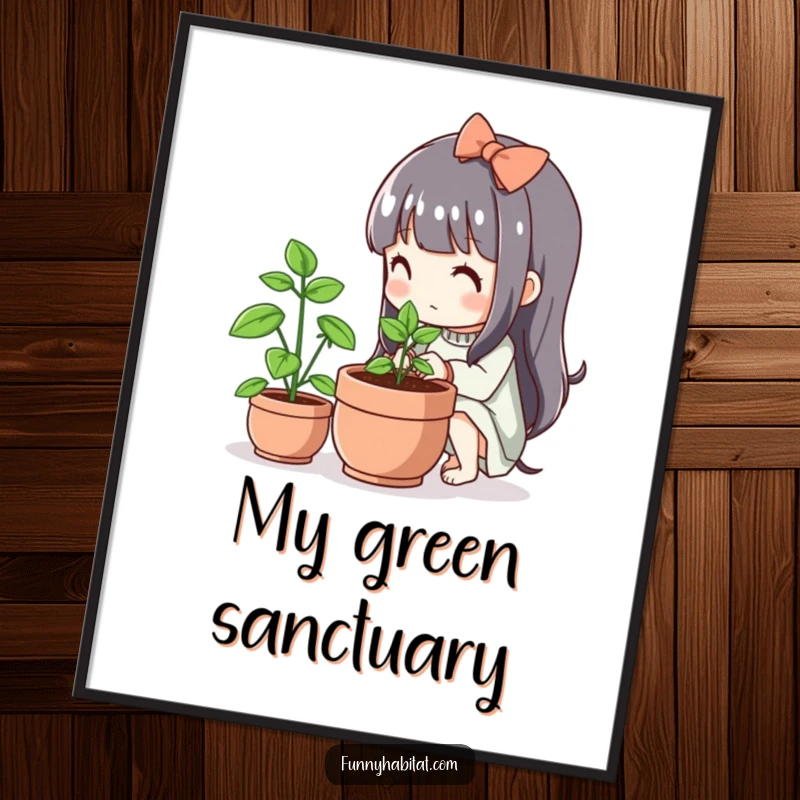 Funny Kawaii Poster, a cute character tends a small flourishing plant, symbolizing growth and nature.