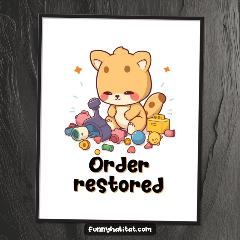 Funny poster art of an energetic animal character tidying scattered toys, bringing motivation and humor indoors.