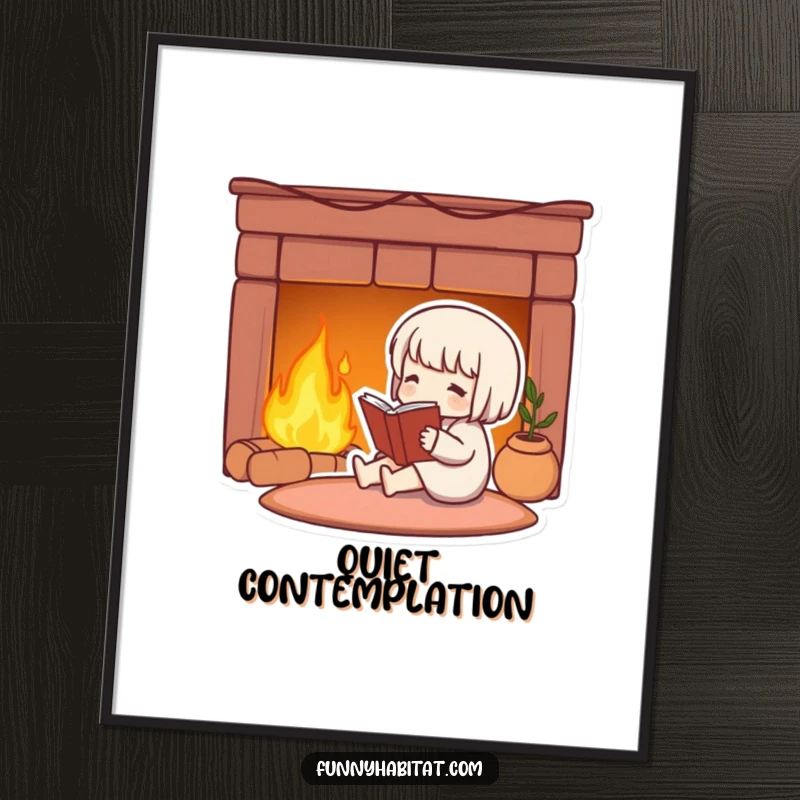 Funny poster art of a cute character contentedly reading a book next to a warm, inviting fireplace.