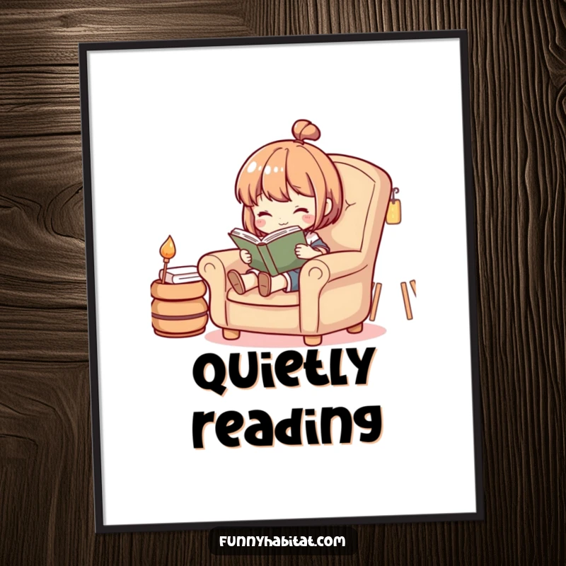 Funny poster art of a character engrossed in reading a book while seated comfortably in a cozy armchair.