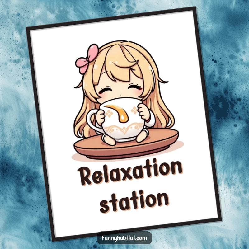 Funny relaxing poster depicting a character contentedly sipping tea, adding a humorous and peaceful vibe to walls.