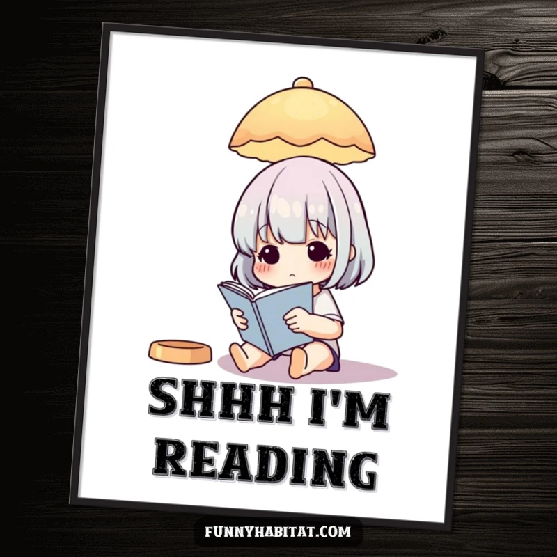 Funny Poster: Illustration of a character happily reading under a soft, glowing illustrated lamp.