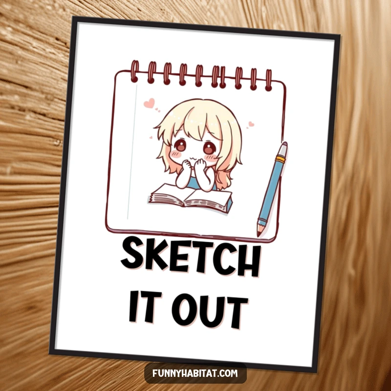 Funny poster art of a character with a thoughtful expression sketching in a notebook, adding artistic contemplation.