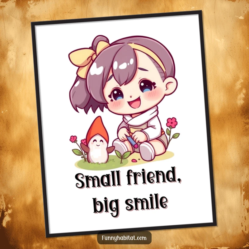 Funny poster featuring a character with a bright smile tending to a tiny garden gnome, perfect for whimsical wall art.