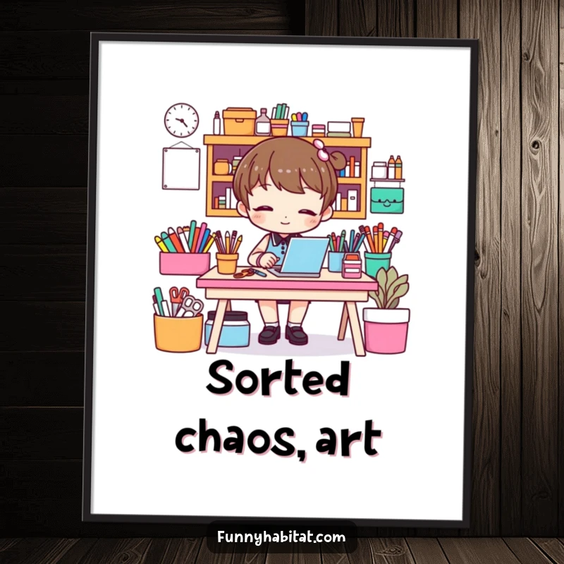 Funny poster illustrating a character meticulously organizing a colorful craft desk, bringing a humorous and inspiring vibe to any room.