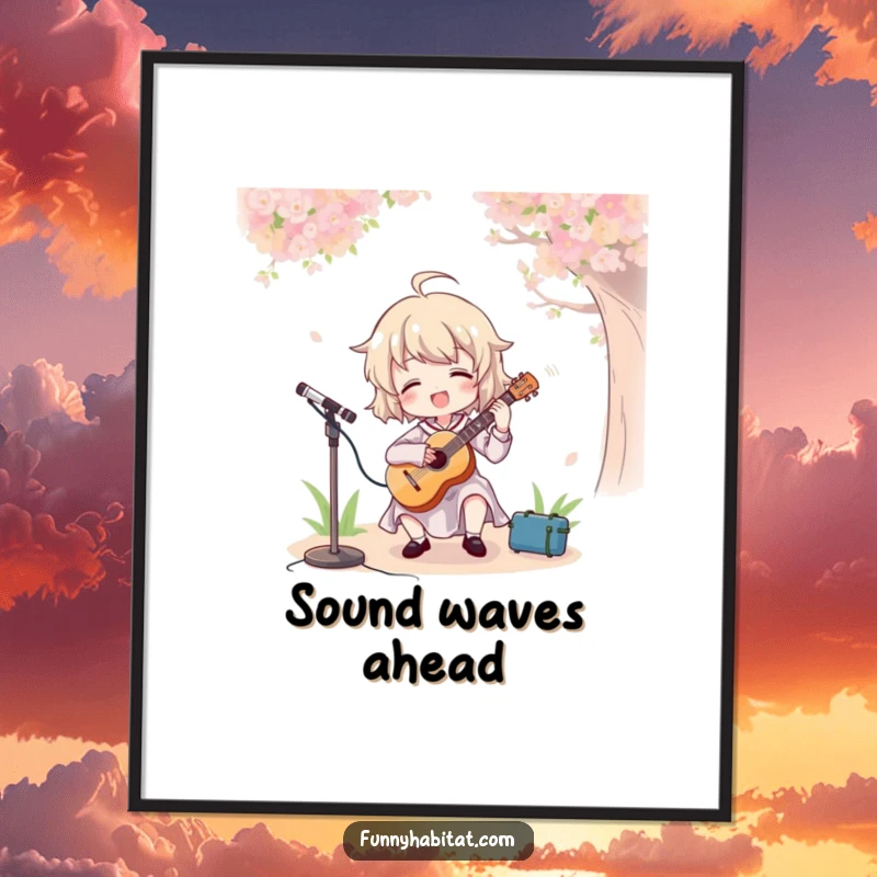 Funny poster art of a character joyfully playing a trumpet in a park, bringing vibrant energy and smiles.