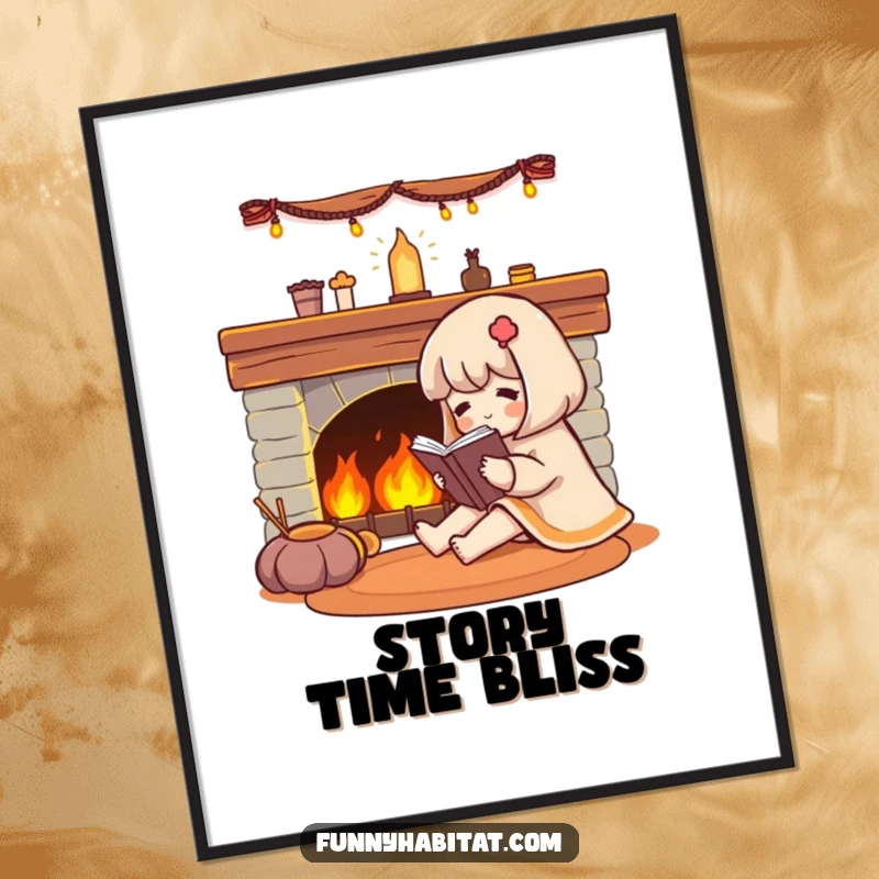 Funny character engrossed in a book beside a beautifully glowing fireplace, on a humorous poster.