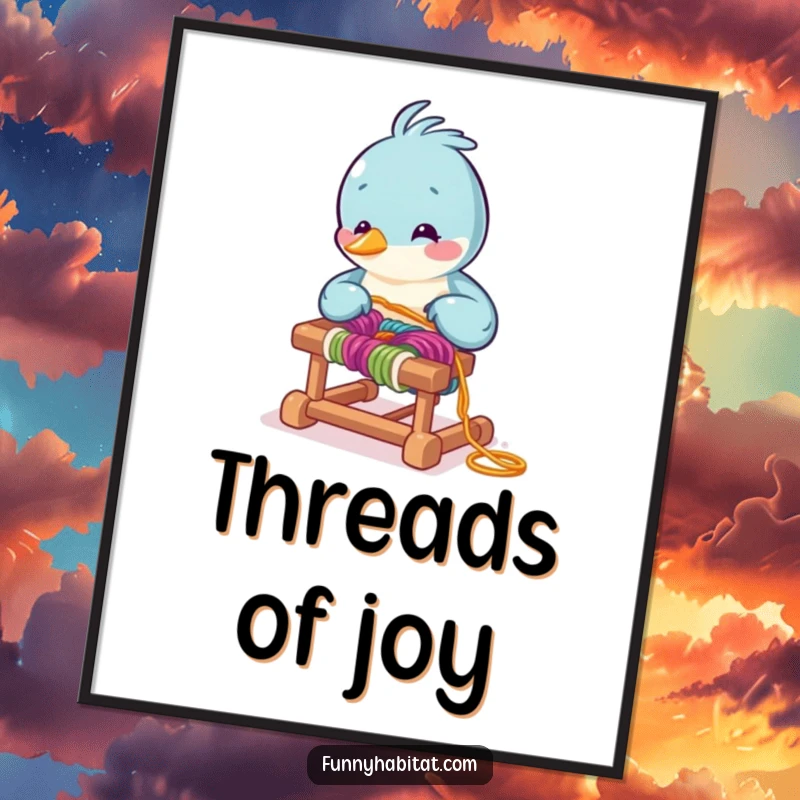 Funny bird character arranging colorful yarn on a tiny loom, humorous and inspiring wall art for crafters.