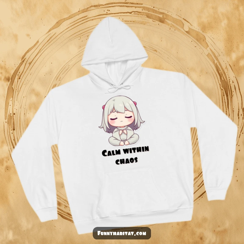Funny hoodie depicting a character peacefully meditating with closed eyes, offering a cozy escape and a humorous reminder to relax.