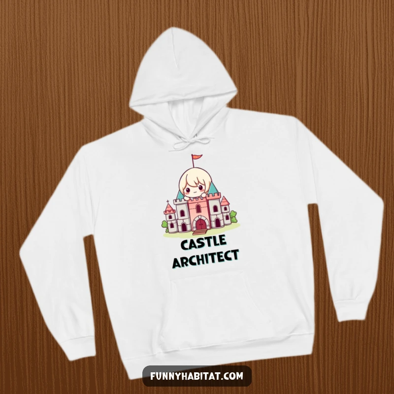 Funny Kawaii Hoodie, a playful character builds a miniature castle with blocks, warm and humorous apparel.