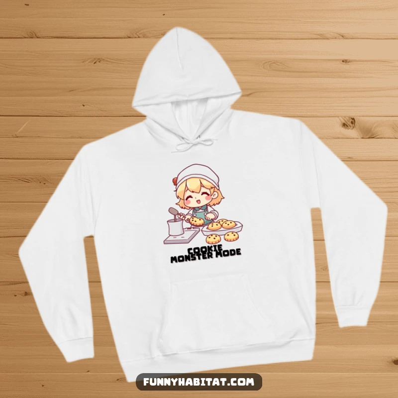 Funny hoodie depicting a character happily baking cookies with a tray full of treats nearby; comfortable and humorous baking apparel.