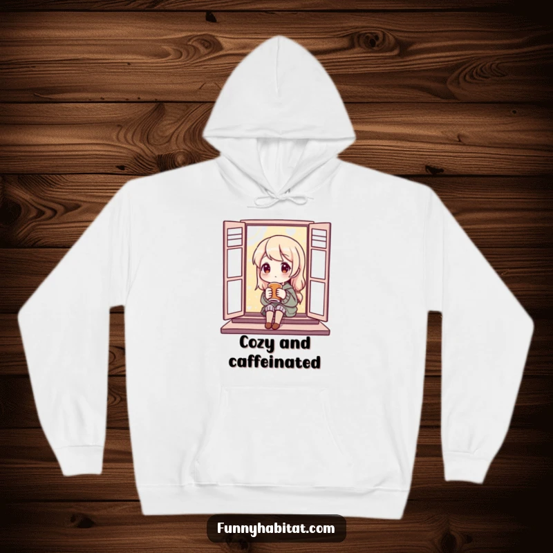 Funny Hoodie depicting a content character enjoying a warm beverage by a window, designed for ultimate coziness and relaxation.