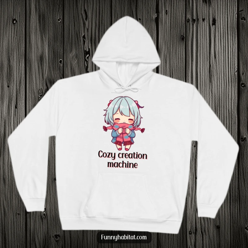 Funny Hoodie: A character engrossed in knitting a colorful scarf, radiating focus and creativity. Perfect gift.