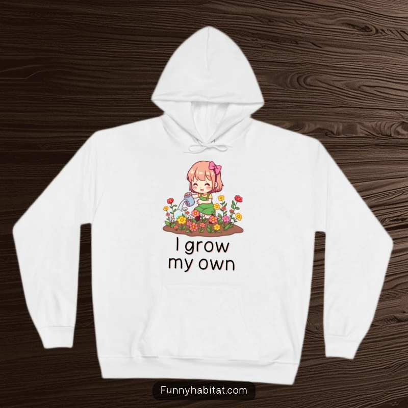 Funny hoodie featuring a character watering blooming flowers, offering cozy comfort and a symbol of gardening joy.