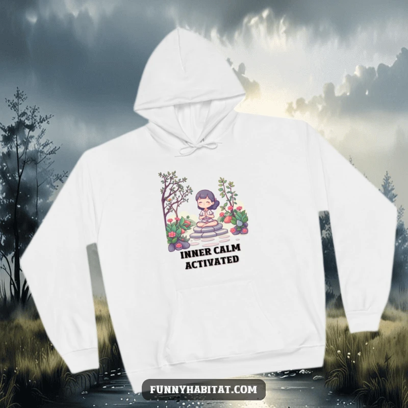 Funny Hoodie: A character meditating peacefully in a serene garden, symbolizing inner peace and calm. Perfect gift.