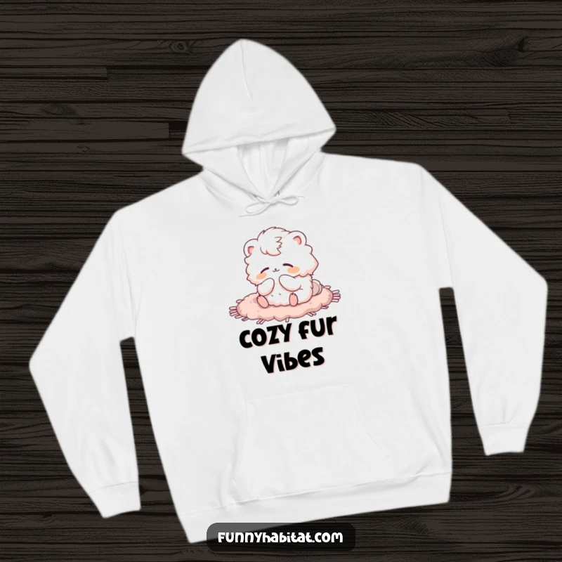 Funny hoodie featuring a fluffy animal character grooming itself on a soft rug, emphasizing comfort and humor.