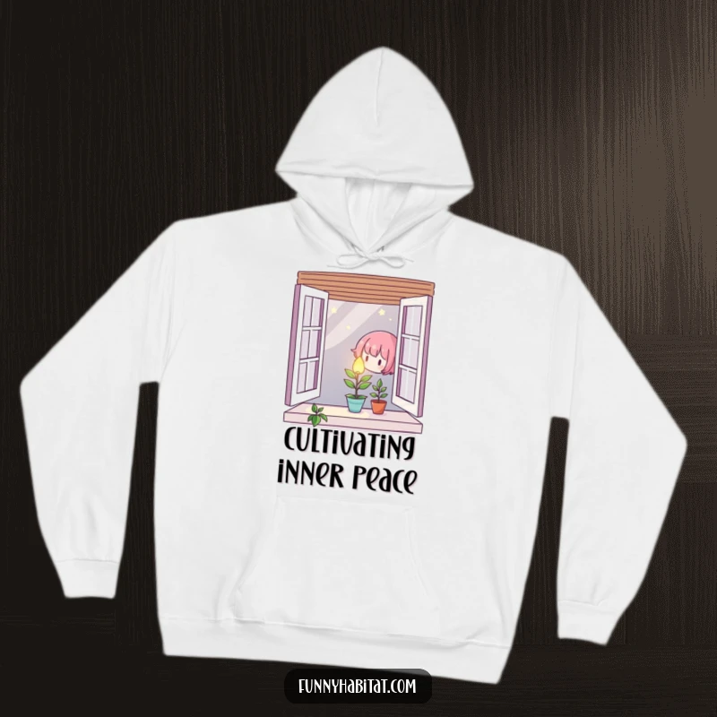 Character gently caring for a tiny, glowing plant in a window, depicted on a cozy hoodie.