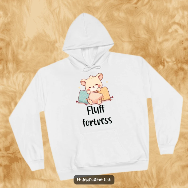 Funny hoodie featuring an animal character playfully arranging pillows, promoting comfort and interior style.
