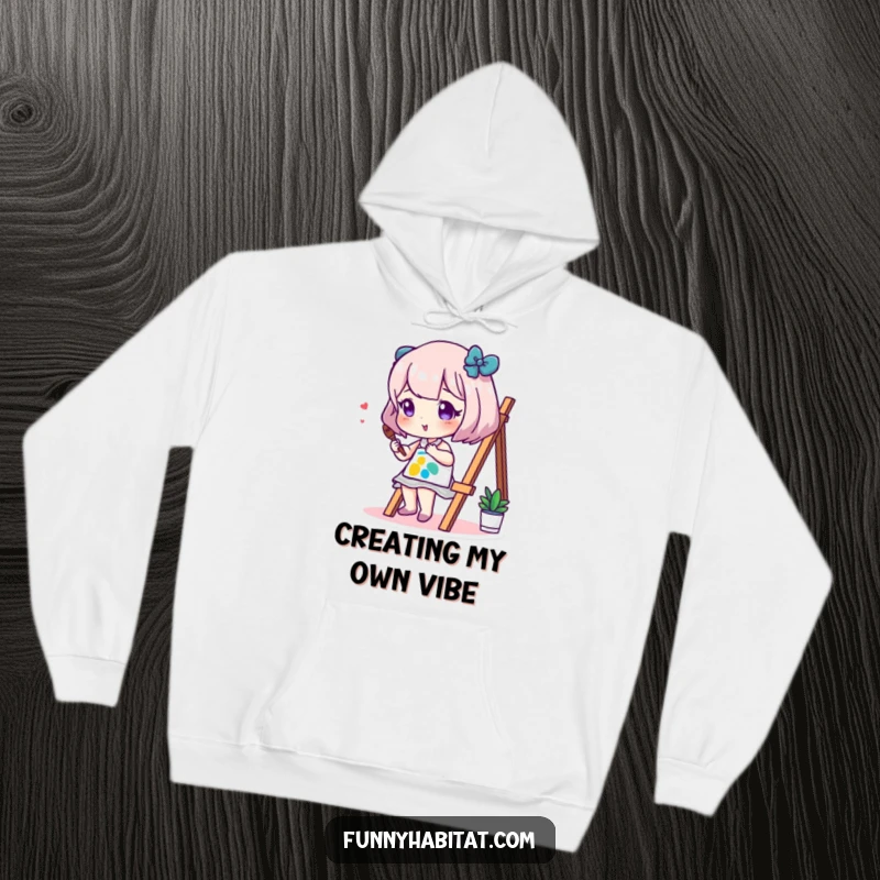 Funny hoodie depicting a happy artist painting a small, colorful canvas, embodying creative passion and lighthearted fun.