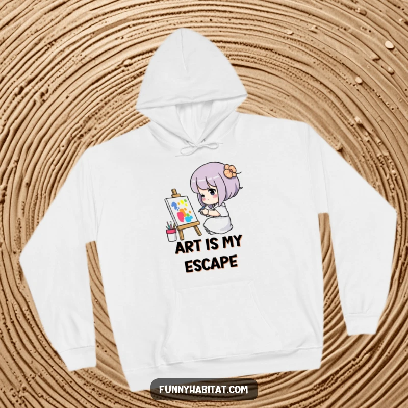 Funny hoodie featuring a character diligently painting a colorful picture with intense concentration, perfect for artists and creatives.