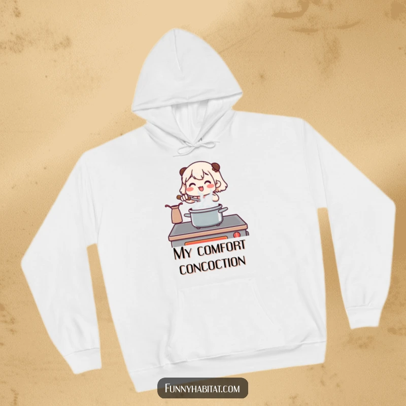 Funny hoodie featuring a character stirring a pot at a stove with steam rising, offering cozy culinary humor.