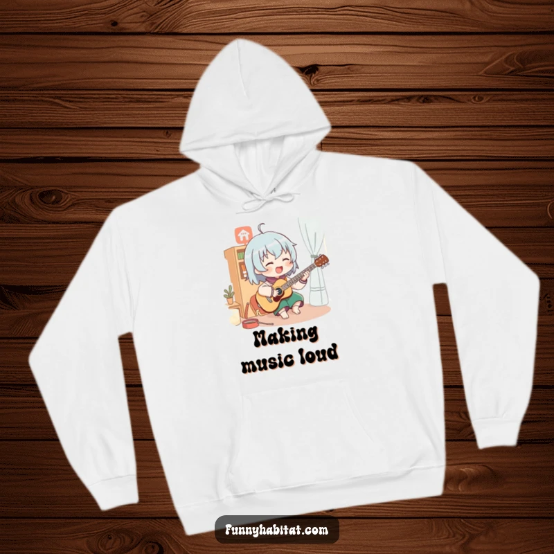 Funny hoodie depicting a character enthusiastically playing a musical instrument in a cozy room; comfortable and humorous apparel.